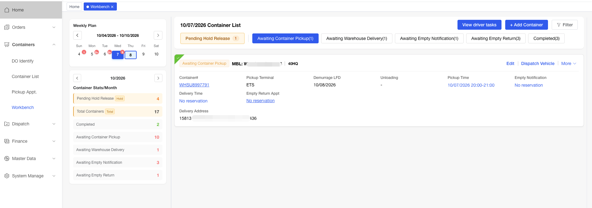 Qifan truck system container task list and dispatch functions